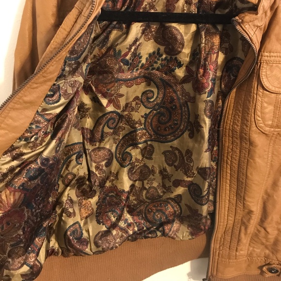 Camel Vegan Leather Jacket Ruffle Neck - Picture 5 of 8